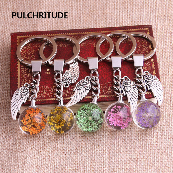 2 pcs/lot Metal KeyChain Crystal Glass Ball Dried Flower Pendant Rose Wing Feather Charm Key Ring Jewelry Diy C0503