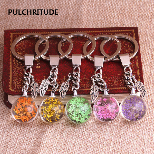 2 pcs/lot Metal KeyChain Crystal Glass Ball Dried Flower Pendant Leaf Feather Charm Key Ring Jewelry Diy C0507