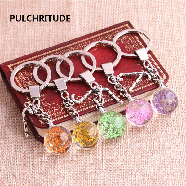 2 pcs/lot Metal KeyChain Crystal Glass Ball Dried Flower Pendant Candy Canes Charm Key Ring Jewelry Diy C0496