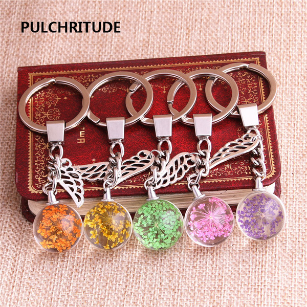 2 pcs/lot Metal KeyChain Crystal Glass Ball Dried Flower Pendant Wings Feather Charm Key Ring Jewelry Diy C0501