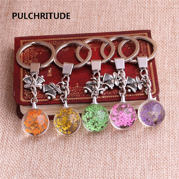 2 pcs/lot Metal KeyChain Crystal Glass Ball Dried Flower Pendant Christmas Bells Charm Key Ring Jewelry Diy C0500