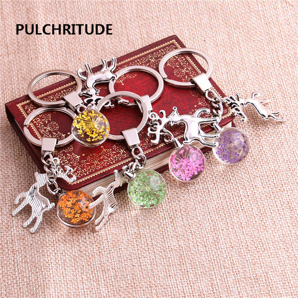 2 pcs/lot Metal KeyChain Crystal Glass Ball Dried Flower Pendant Reindeer Charm Key Ring Jewelry Diy C0498