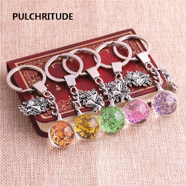 2 pcs/lot Metal KeyChain Crystal Glass Ball Dried Flower Pendant Christmas Bells Charm Key Ring Jewelry Diy C0499