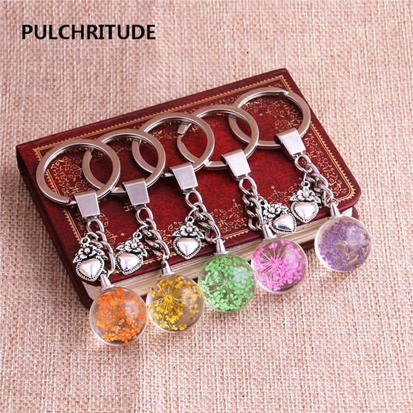 2 pcs/lot Metal KeyChain Crystal Glass Ball Dried Flower Pendant Heart Shape Flower Charm Key Ring Jewelry Diy C0520