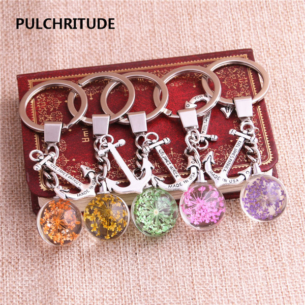 2 pcs/lot Metal KeyChain Crystal Glass Ball Dried Flower Pendant Anchor Letter Charm Key Ring Jewelry Diy C0517