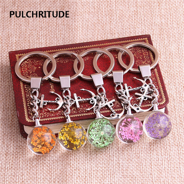 2 pcs/lot Metal KeyChain Crystal Glass Ball Dried Flower Pendant Anchor Love Charm Key Ring Jewelry Diy C0515