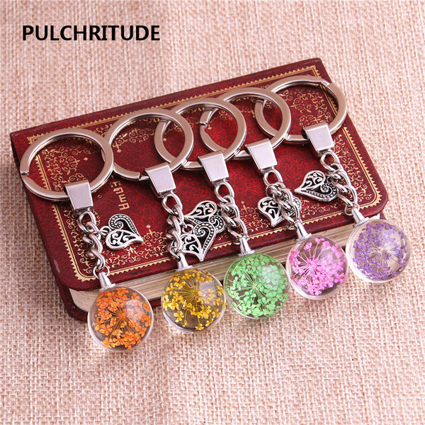 2 pcs/lot Metal KeyChain Crystal Glass Ball Dried Flower Pendant Heart Charm Key Ring Jewelry Diy C0518