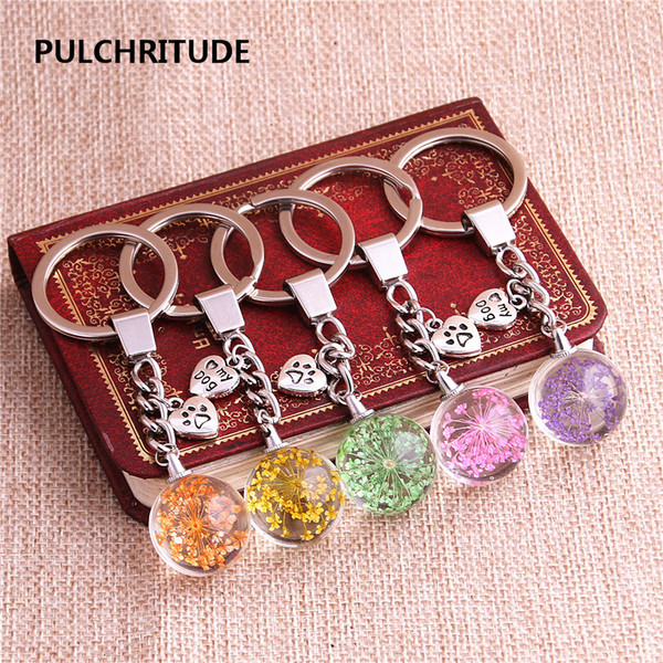 2 pcs/lot Metal KeyChain Crystal Glass Ball Dried Flower Pendant Heart Letter Charm Key Ring Jewelry Diy C0519