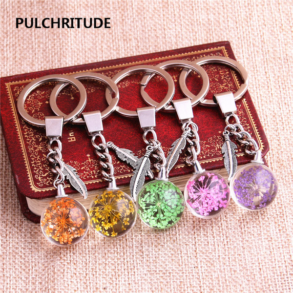 2 pcs/lot Metal KeyChain Crystal Glass Ball Dried Flower Pendant Leaf Feather Charm Key Ring Jewelry Diy C0510