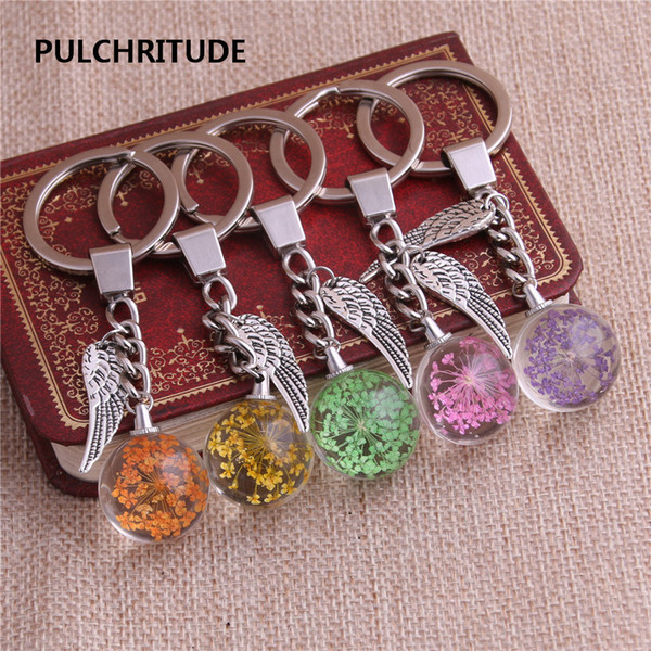 2 pcs/lot Metal KeyChain Crystal Glass Ball Dried Flower Pendant Leaf Feather Charm Key Ring Jewelry Diy C0509