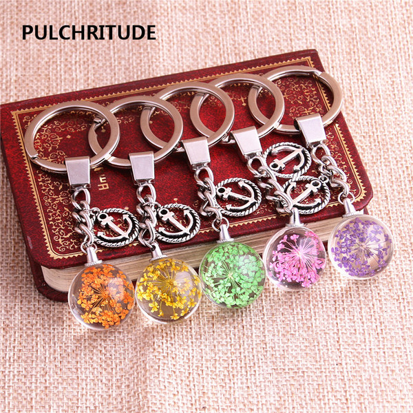 2 pcs/lot Metal KeyChain Crystal Glass Ball Dried Flower Pendant Anchor Charm Key Ring Jewelry Diy C0514