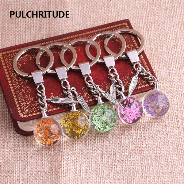 2 pcs/lot Metal KeyChain Crystal Glass Ball Dried Flower Pendant Leaf Feather Charm Key Ring Jewelry Diy C0511