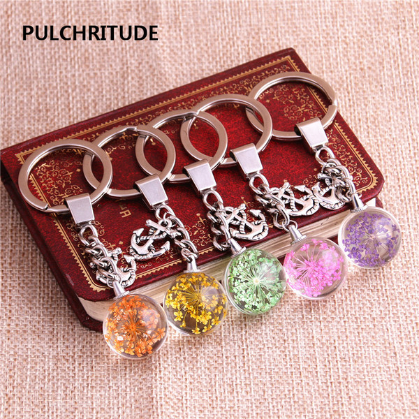 2 pcs/lot Metal KeyChain Crystal Glass Ball Dried Flower Pendant Anchor Charm Key Ring Jewelry Diy C0512