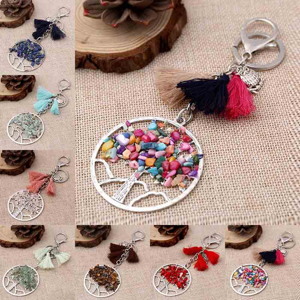 Natural Stone Tree of Life Keychain Tree Owl Tassel Key Chain Key Rings Bag Hangs Fashion Will and Sandy Drop Ship