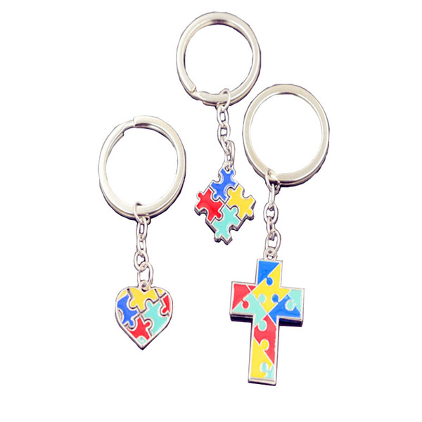 New Enamel Puzzle Heart Cross Square Keychain Key Rings Handbag Hangs Fashoin Jewelry Will and Sandy Drop Shipping