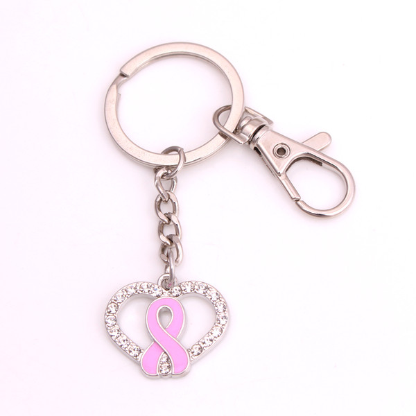 Breast Cancer Awareness zinc alloy Pink Enamel Ribbon Bow Crystal Heart pendant Key Chain Drop shipping