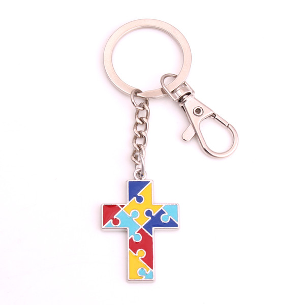 Drop Shipping Autism Awareness Pendants With Enamel Cross Puzzle Piece Jigsaw Charm Lobster Clasp Key Chain