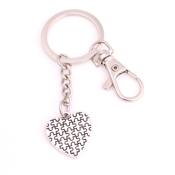 Drop Shipping Autism Hope Antique Silver Plated Autism Awareness Pendant Heart Puzzle Piece Jigsaw Charm Lobster Clasp Key Chain