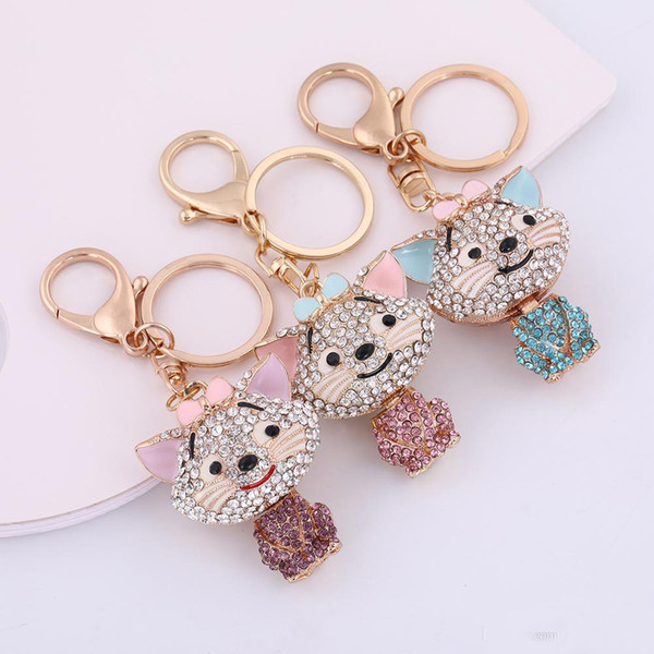 Newest Retail Hotselling New Design Colorful Crystal Charm Cartoon Custom Keychain Cat For Girl Gift