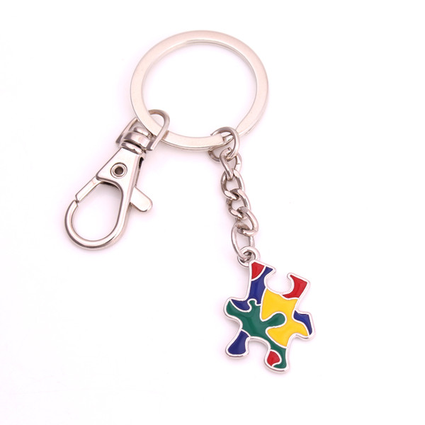 Fashion Autism Hope Awareness Charm Pendants With Enamel Single-Sided Puzzle Piece Jigsaw Lobster clasp Key Chain