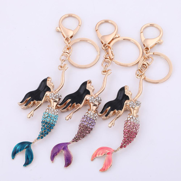 Fashion Customised Promotion Metal Material Mermaid Key Chain With Pink Blue Puple Color Crystal