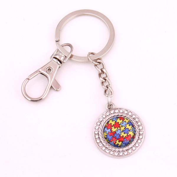 New Autism Awareness Pendants With Crystal Round Puzzle Piece Jigsaw Charm Lobster clasp Key Chain Jewelry