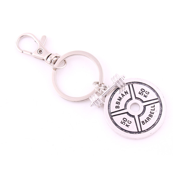 Antique Sliver Plated BARBELL with BBMAN Brabell 50KG Weight Sporty Charm Key Chain Lobster-Caw-Clasps Drop Shipping