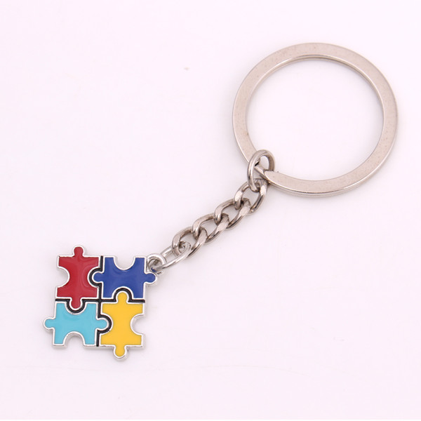 Friendly Zinc Alloy Metal Rhodium Plated Enamel Color Square Shape Puzzle Piece Autism Jigsaw Key Chain For Autistic Gifts