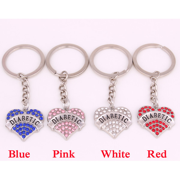Letter DIABETIC Heart Shape Crystal Charm Pendent Metal Keychain Women RhinestonelCharm Keyrings Accessories Gift Jewelry