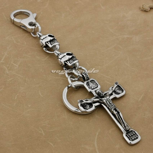 LINSION 316L Stainless Steel Huge Jesus Crucifix Cross Mens Biker KeyChain 3V001KC