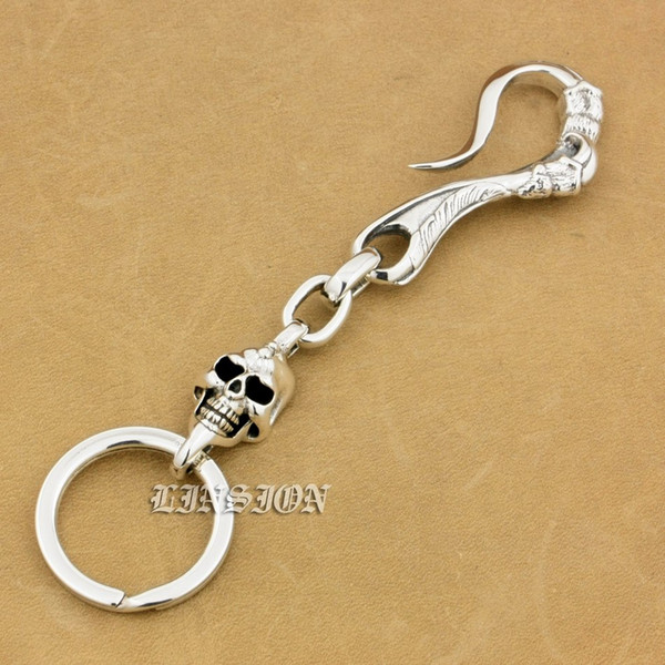 LINSION 925 Sterling Silver Skull Claw Hook Mens Biker Rocker Punk Keychain Belt Clip 9T012