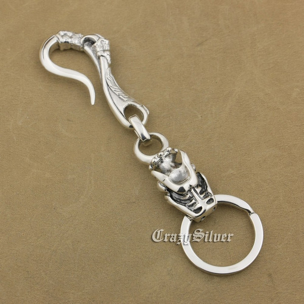 LINSION 925 Sterling Silver Dragon Claw Hook Mens Biker Rock Punk Keychain 8J024