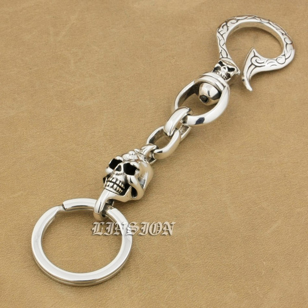 LINSION 925 Sterling Silver Skull Hook Mens Biker Rocker Punk Keychain Belt Clip 9T011