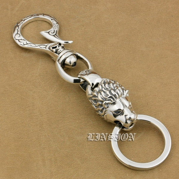 LINSION Huge Heavy 925 Sterling Silver Skull Hook Lion Mens Biker Rocker Punk Keychain Belt Clip 9T020