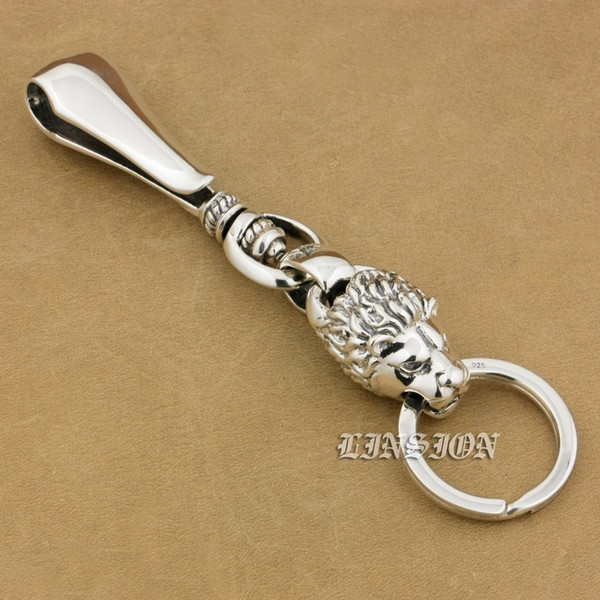 LINSION 925 Sterling Silver Huge Lion Mens Biker Rocker Punk Keychain Belt Clip 9T021