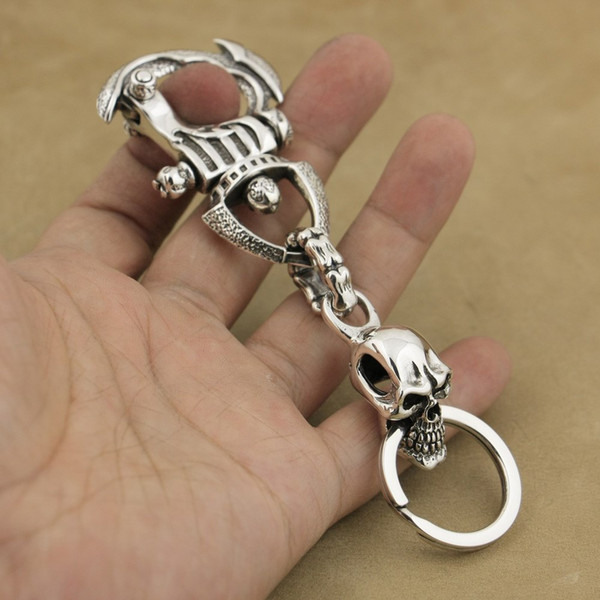 LINSION 925 Sterling Silver Helmet Armor Skull KeyRing Mens Biker Punk KeyChain 8J029