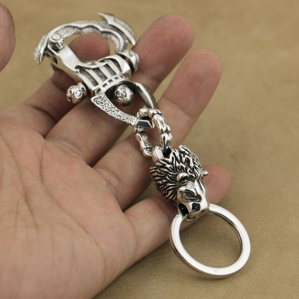 LINSION 925 Sterling Silver Helmet Armor Lion King KeyRing Mens Biker KeyChain 8J031