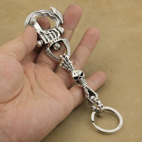 LINSION 925 Sterling Silver Helmet Armor Skull Hand Mens Biker Punk KeyChain 8J027