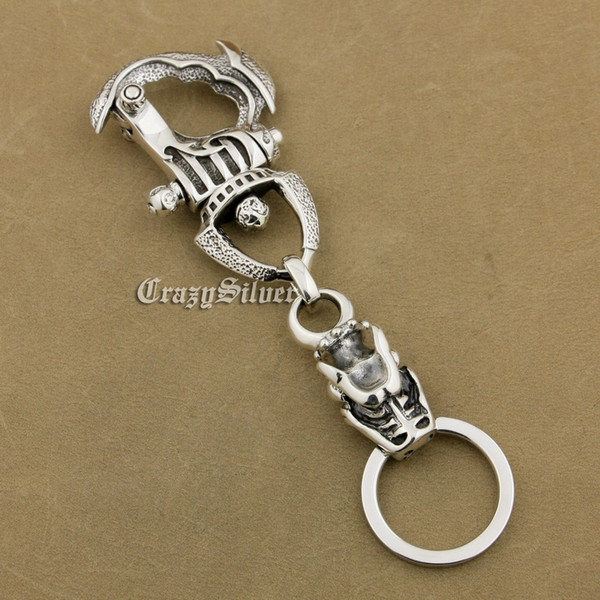 LINSION Huge Heavy 925 Sterling Silver Helmet Armor Dragon Mens Biker Keychain 8J022