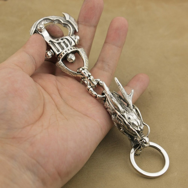 LINSION Heavy 925 Sterling Silver Helmet Armor Clasp Mens Biker Dragon Keychain 8J025