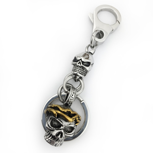 LINSION 316L Stainless Steel Skull KeyChain Golden Headdress Biker Punk Style KeyRing 2V010KC