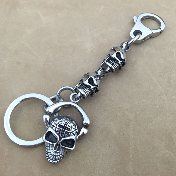 316L Stainless Steel Skull Mens Biker Rocker Punk Key Ring Keychain 6H005KC