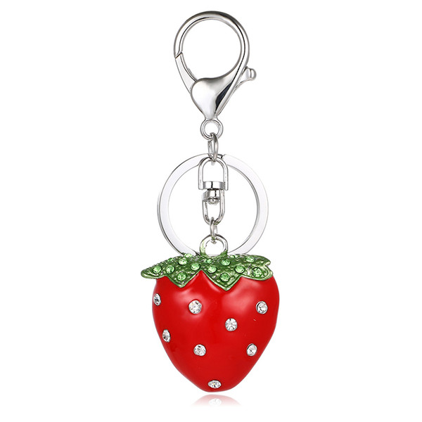 Fashion Silver Color Lobster Clasp Metal Keyring Rhinestone 3D Strawberry Charms Keychains For Women Handbag Jewelry