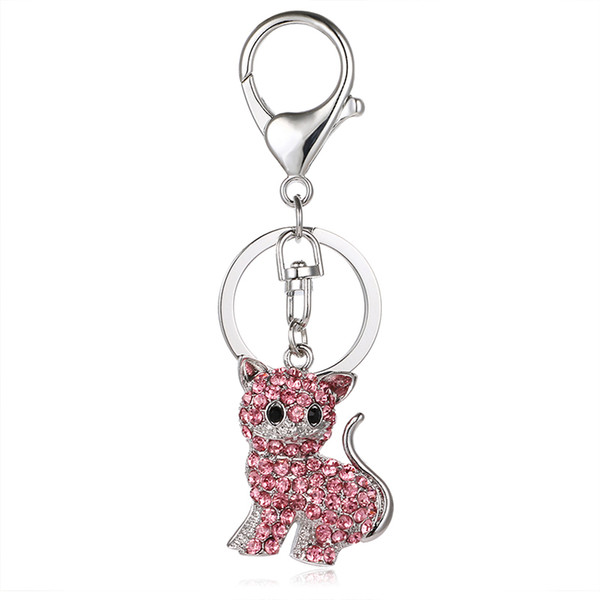 Fashion Silver Color Metal Lobster Clasp Keyrings Dangle 3D Rhinestone Cat Animal Charm Keychains For Women Handbag Pendant Jewelry