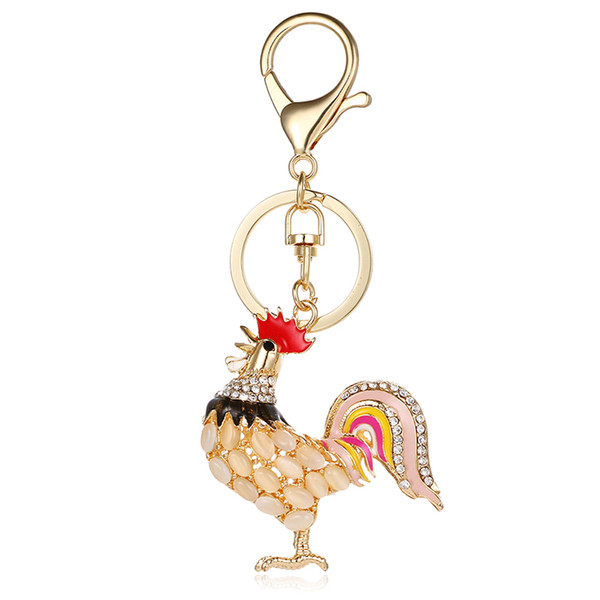 Fashion 2 Color Lobster Clasp Key Ring Dangle Opal Rooster Animal Charm Metal Keychains For Women Handbag Jewelry