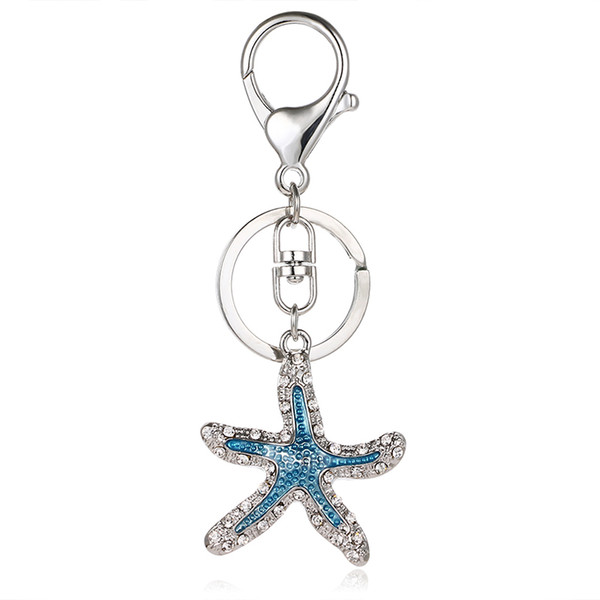 Fashion Silver Color Metal Lobster Clasp Keyring Dangle Rhinestone Enamel Starfish Animal Charm Keychains For Women Jewelry