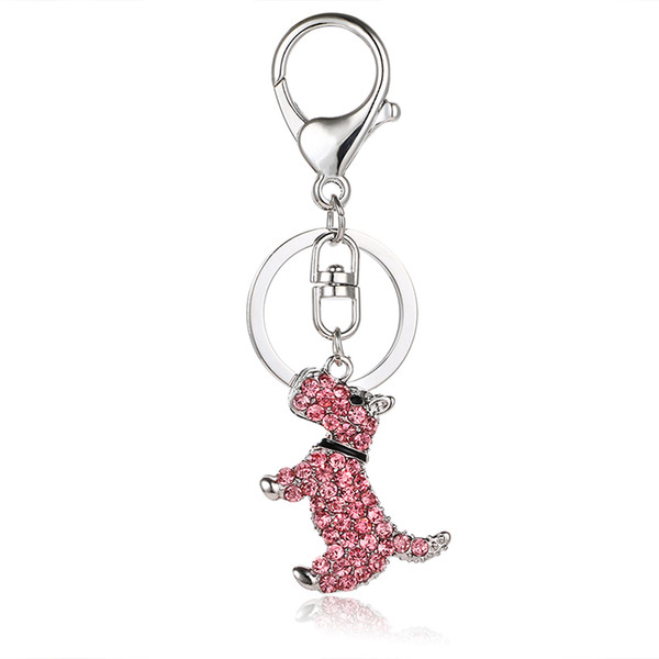 Fashion Silver Color Metal Lobster Clasp Keyrings Dangle 3D Rhinestone Dog Animal Charm Keychains For Women Hang Pendant Jewelry