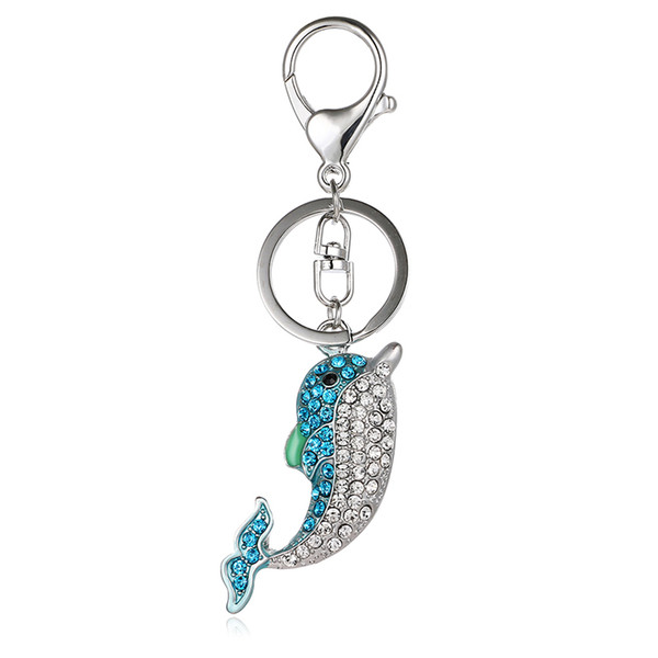 Fashion Silver Color Metal Lobster Clasp Keyring Dangle 3D Double Color Rhinestone Dolphin Animal Charm Keychains Jewelry