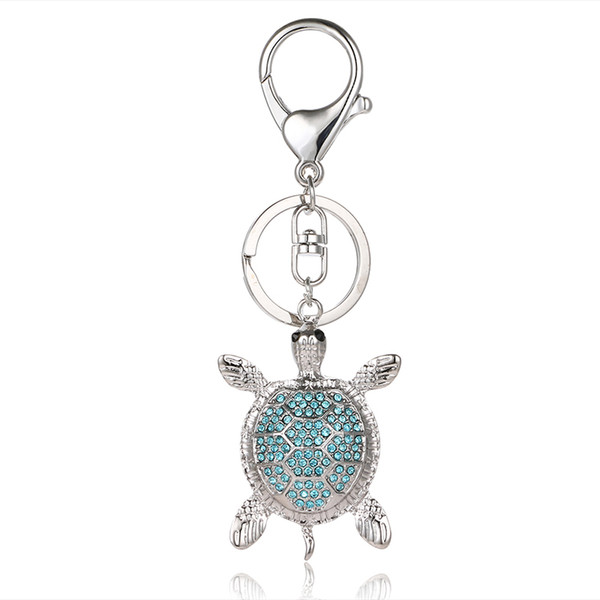 Fashion Silver Color Lobster Clasp Metal Keyring Rhinestone 3D Tortoise Animals Charms Key Chains For Women Handbag Jewelry