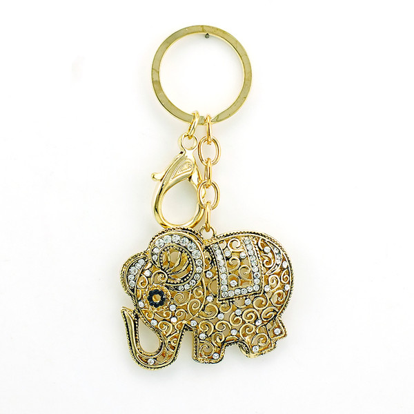 Fashion Plated Gold Keyring Hollowed White Rhinestone Retro Elephant Charms Lobster Clasp Keychain Car Hanger Jewelry